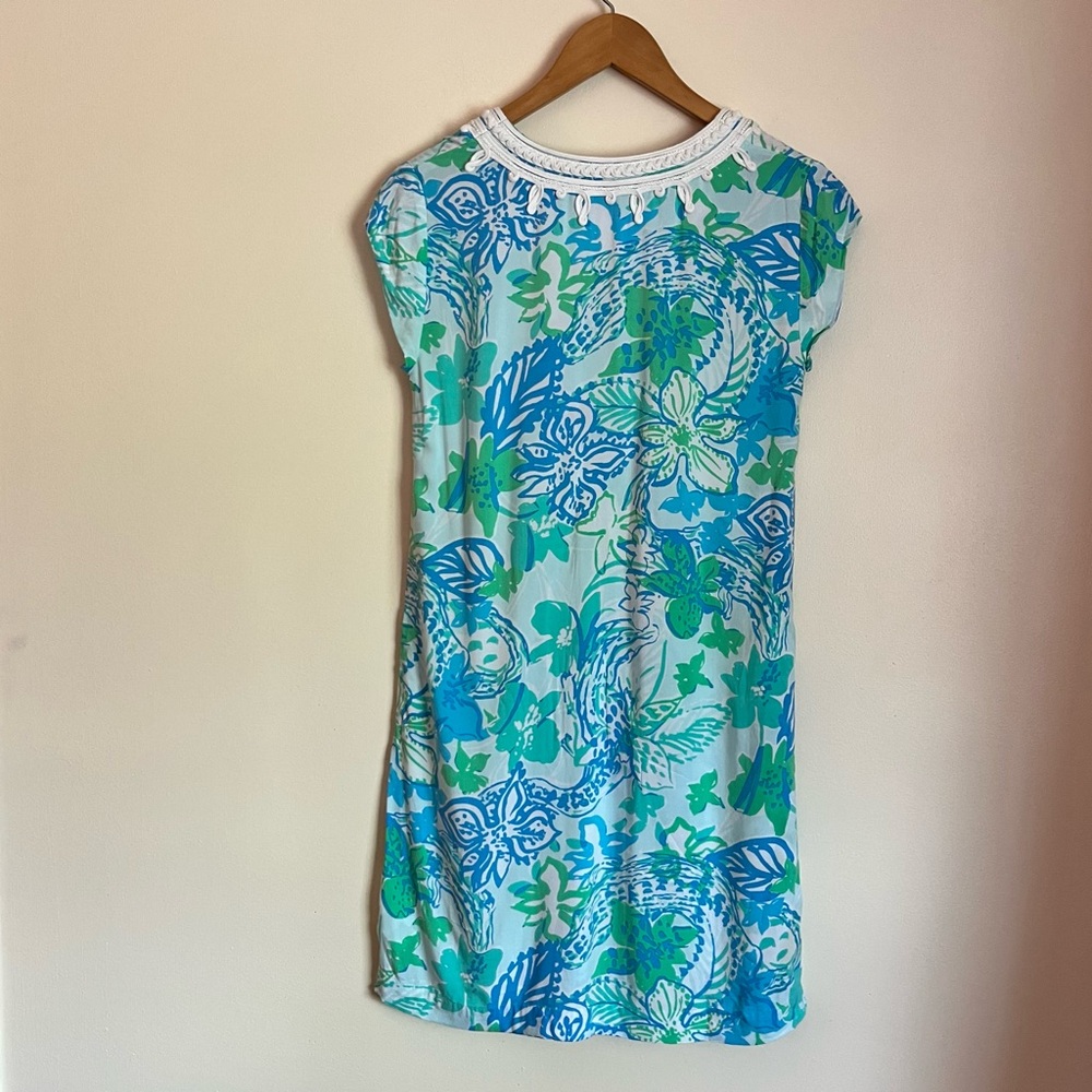 Lilly Pulitzer Madia Blue Green Tunic Shift Dress Small Crochet Neckline Resort - Picture 8 of 11